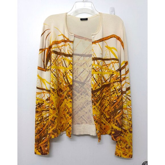 Akris Grass Print Silk Cardigan Sweater Yellow Straw Hay Stripe Button Down 10 - Picture 3 of 16